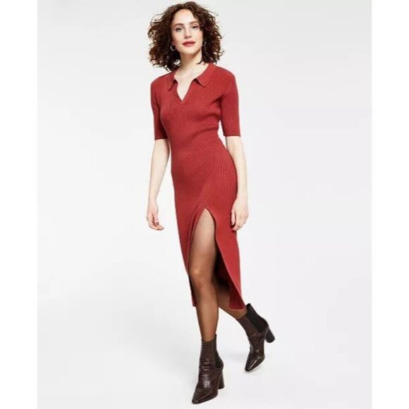 NWT Sam Edelman Dress Size Large Ribbed Collared Midi Sweater $118 Rust Orange - Picture 14 of 16